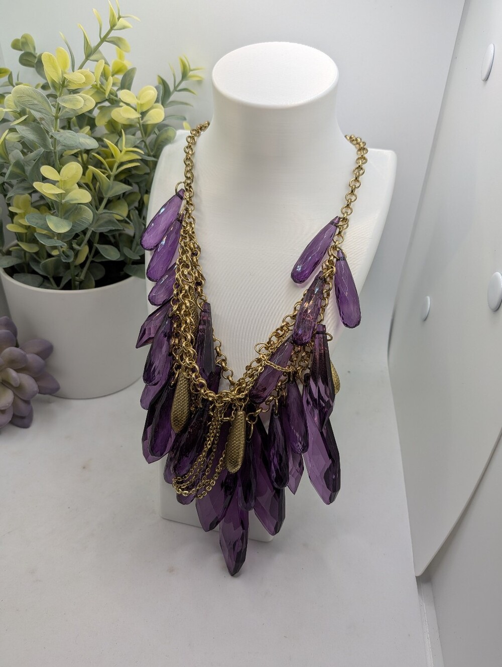 Vintage Chunky Purple Crystal Statement Necklace Gold Tone Layered Fringe Bib